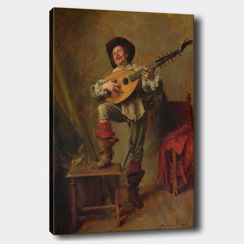 Lerretsbilde 70x100 cm - Glad mann som spiller lutt med en livlig og uttrykksfull positur - Rød / Grønn / Beige - Innredning - Bilder & kunst - Lerretsbilder