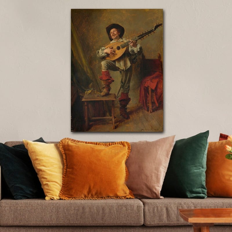 Lerretsbilde 70x100 cm - Glad mann som spiller lutt med en livlig og uttrykksfull positur, Rød / Grønn / Beige