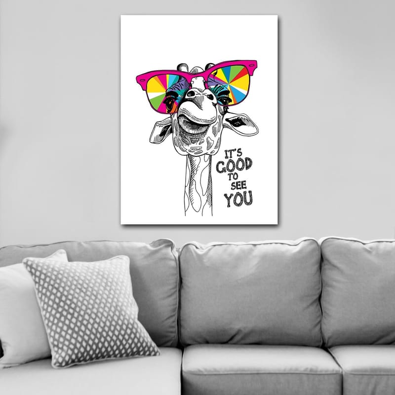 Lerretsbilde 70x100 cm - Glad sjiraff med fargerike solbriller - Rosa / Gul / Grønn - Innredning - Bilder & kunst - Lerretsbilder