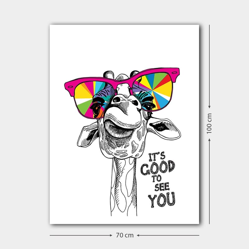 Lerretsbilde 70x100 cm - Glad sjiraff med fargerike solbriller - Rosa / Gul / Grønn - Innredning - Bilder & kunst - Lerretsbilder