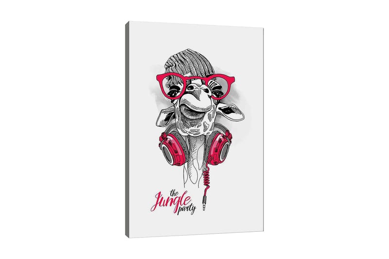Lerretsbilde 70x100 cm - Glad sjiraff med hodetelefoner og briller, som gir en leken og moderne følelse, Rød / Svart / Hvit