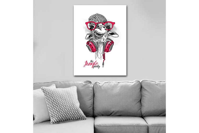 Lerretsbilde 70x100 cm - Glad sjiraff med hodetelefoner og briller, som gir en leken og moderne følelse - Rød / Svart / Hvit - Innredning - Bilder & kunst - Lerretsbilder