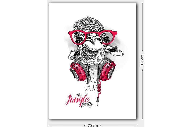 Lerretsbilde 70x100 cm - Glad sjiraff med hodetelefoner og briller, som gir en leken og moderne følelse - Rød / Svart / Hvit - Innredning - Bilder & kunst - Lerretsbilder