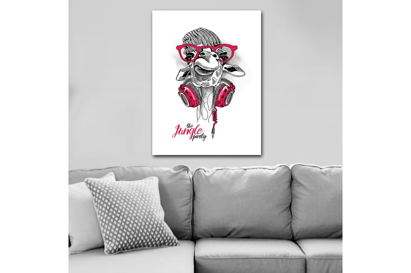 Lerretsbilde 70x100 cm - Glad sjiraff med hodetelefoner og briller, som gir en leken og moderne følelse - Rød / Svart / Hvit - Innredning - Bilder & kunst - Lerretsbilder