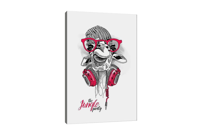 Lerretsbilde 70x100 cm - Glad sjiraff med hodetelefoner og briller, som gir en leken og moderne følelse, Rød / Svart / Hvit