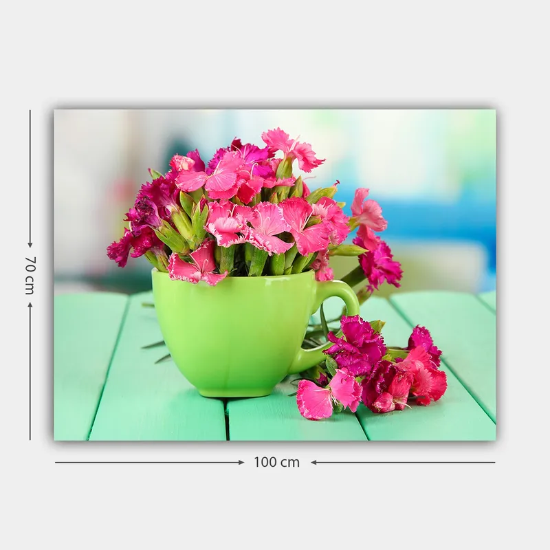 Lerretsbilde 70x100 cm - Grønn kopp fylt med rosa blomster - Grønn / Rosa - Innredning - Bilder & kunst - Lerretsbilder