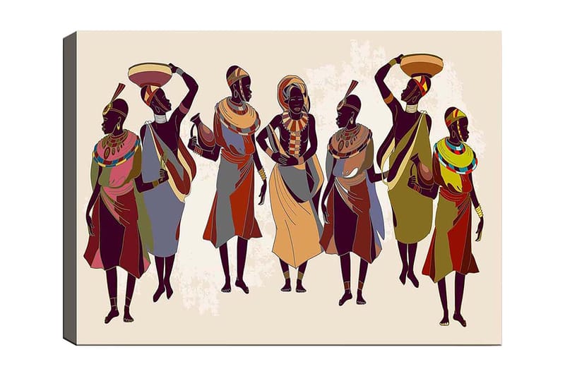 Lerretsbilde 70x100 cm - Gruppe kvinner i tradisjonelle klær som bærer gjenstander på hodet og i hendene, Mørk brun / Rød / Grønn
