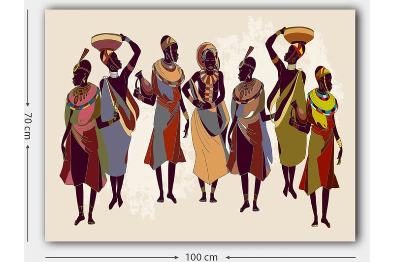 Lerretsbilde 70x100 cm - Gruppe kvinner i tradisjonelle klær som bærer gjenstander på hodet og i hendene - Mørk brun / Rød / Grønn - Innredning - Bilder & kunst - Lerretsbilder