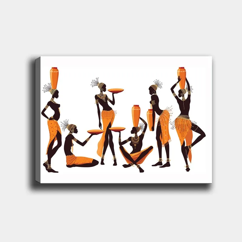 Lerretsbilde 70x100 cm - Gruppe kvinner i tradisjonelle klær som bærer kar og tallerkener, Oransje / Svart