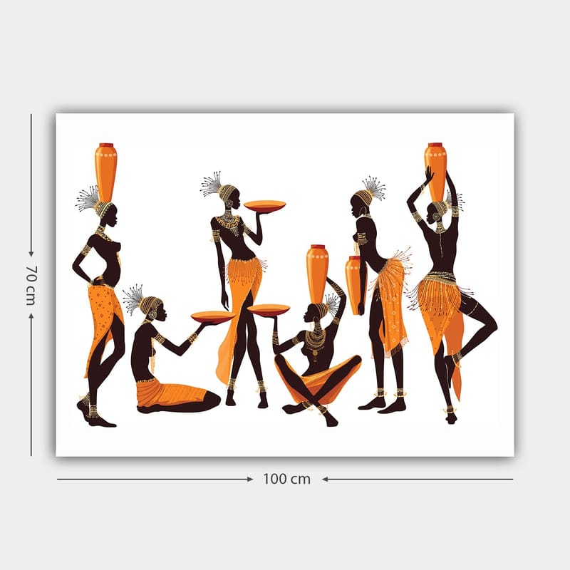 Lerretsbilde 70x100 cm - Gruppe kvinner i tradisjonelle klær som bærer kar og tallerkener - Oransje / Svart - Innredning - Bilder & kunst - Lerretsbilder