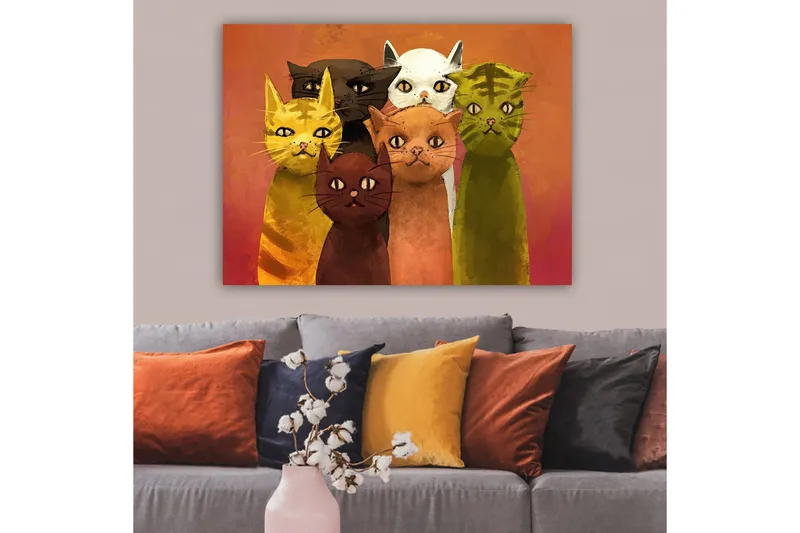 Lerretsbilde 70x100 cm - Gruppe med seks fargerike katter i forskjellige nyanser som står sammen - Gul / Brun / Grønn - Innredning - Bilder & kunst - Lerretsbilder