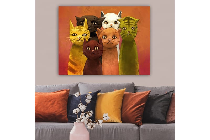 Lerretsbilde 70x100 cm - Gruppe med seks fargerike katter i forskjellige nyanser som står sammen - Gul / Brun / Grønn - Innredning - Bilder & kunst - Lerretsbilder