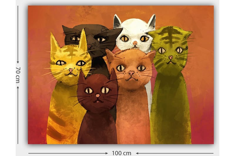 Lerretsbilde 70x100 cm - Gruppe med seks fargerike katter i forskjellige nyanser som står sammen - Gul / Brun / Grønn - Innredning - Bilder & kunst - Lerretsbilder
