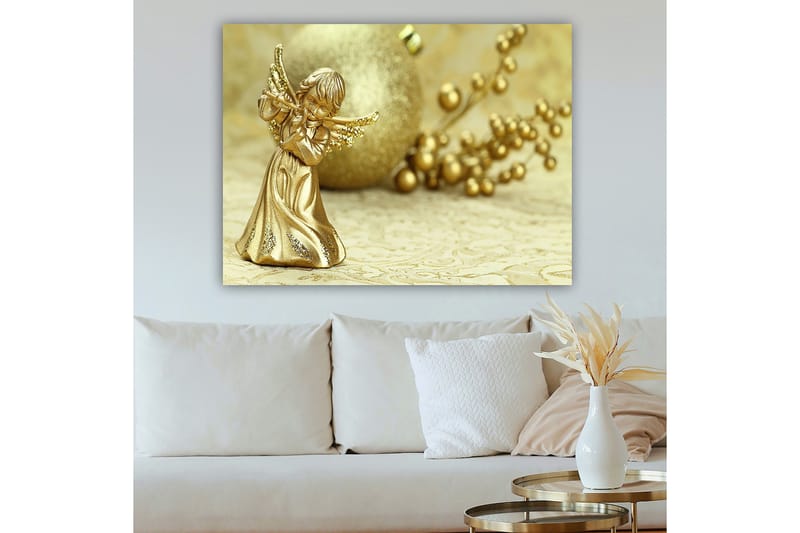 Lerretsbilde 70x100 cm - Gyllen engel som spiller fløyte, omgitt av dekorative elementer - Gull / Beige - Innredning - Bilder & kunst - Lerretsbilder