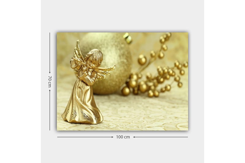 Lerretsbilde 70x100 cm - Gyllen engel som spiller fløyte, omgitt av dekorative elementer - Gull / Beige - Innredning - Bilder & kunst - Lerretsbilder