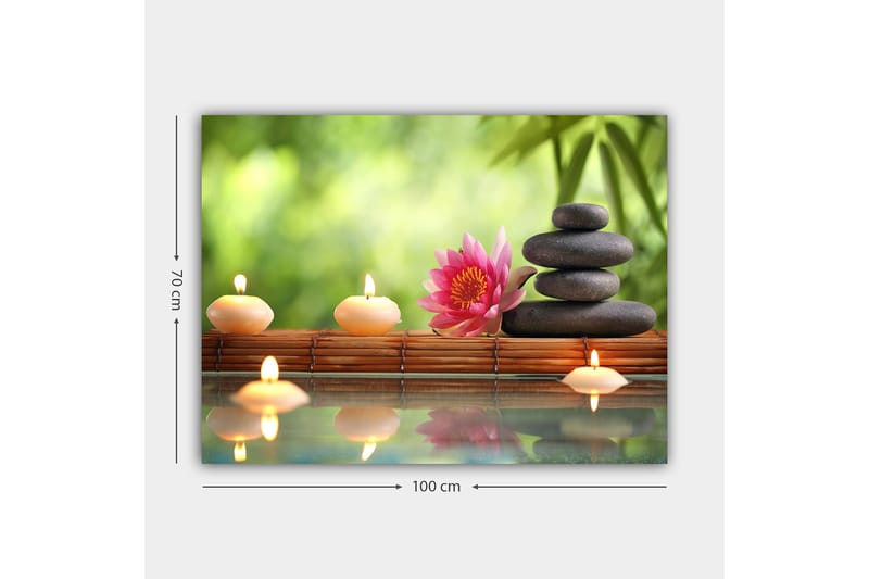 Lerretsbilde 70x100 cm - Harmonisk komposisjon av steiner, en lotusblomst og stearinlys som skaper en rolig og avslappende atmosfære - Rosa / Svart / Beige - Innredning - Bilder & kunst - Lerretsbilder
