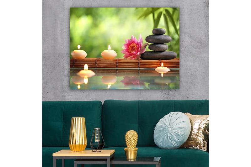 Lerretsbilde 70x100 cm - Harmonisk komposisjon av steiner, en lotusblomst og stearinlys som skaper en rolig og avslappende atmosfære - Rosa / Svart / Beige - Innredning - Bilder & kunst - Lerretsbilder