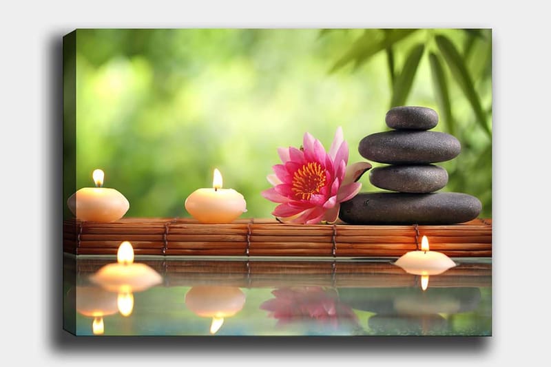 Lerretsbilde 70x100 cm - Harmonisk komposisjon av steiner, en lotusblomst og stearinlys som skaper en rolig og avslappende atmosfære, Rosa / Svart / Beige