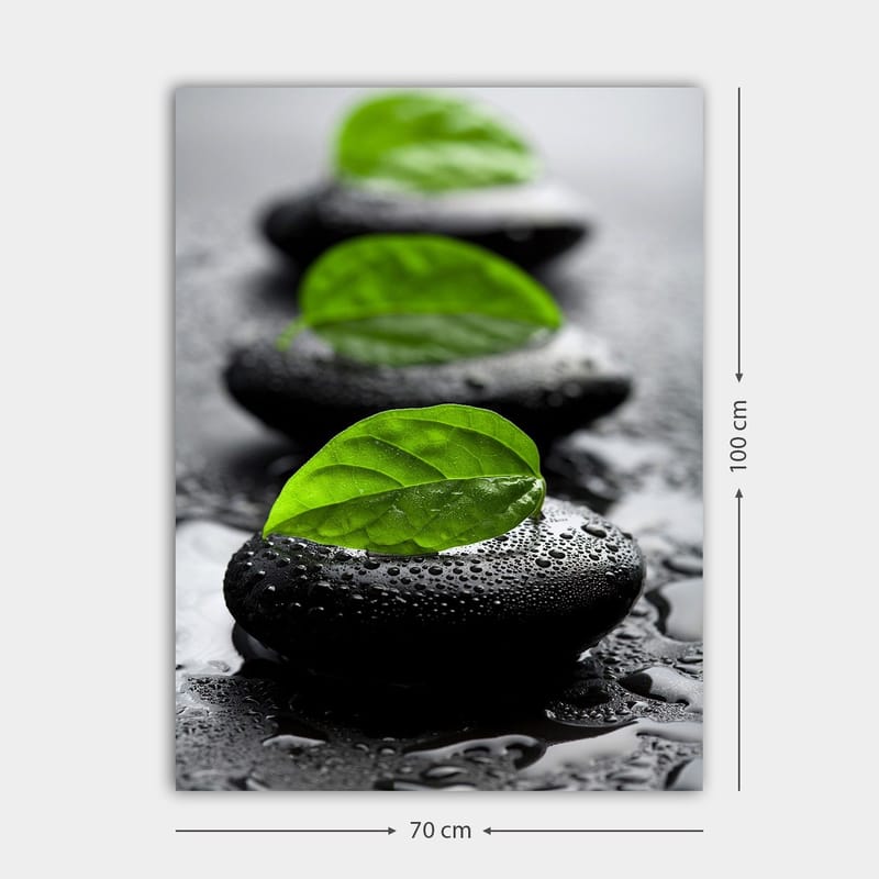 Lerretsbilde 70x100 cm - Harmonisk komposisjon av svarte steiner med grønne blader som symboliserer ro og balanse - Svart / Grønn - Innredning - Bilder & kunst - Lerretsbilder