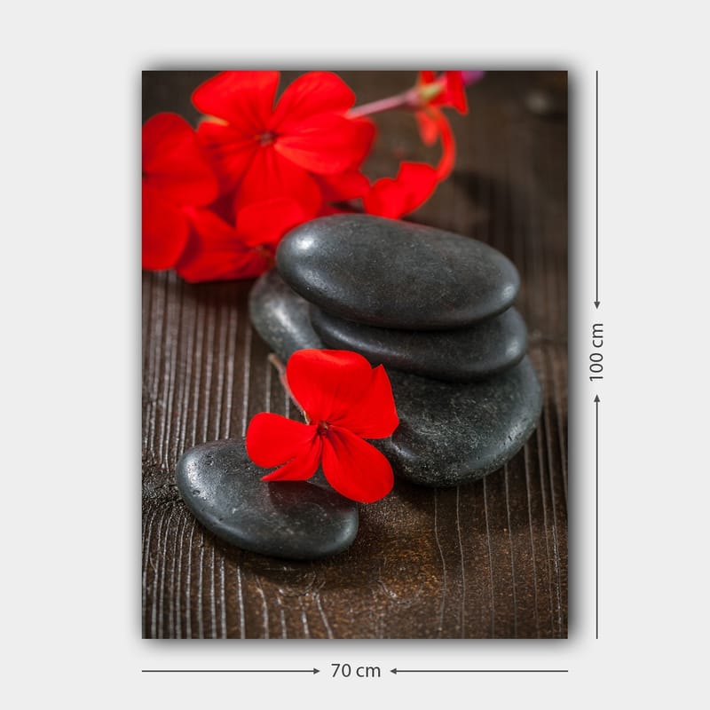 Lerretsbilde 70x100 cm - Harmonisk komposisjon av svarte steiner og røde blomster som skaper en kontrastfylt og rolig atmosfære - Rød / Svart - Innredning - Bilder & kunst - Lerretsbilder