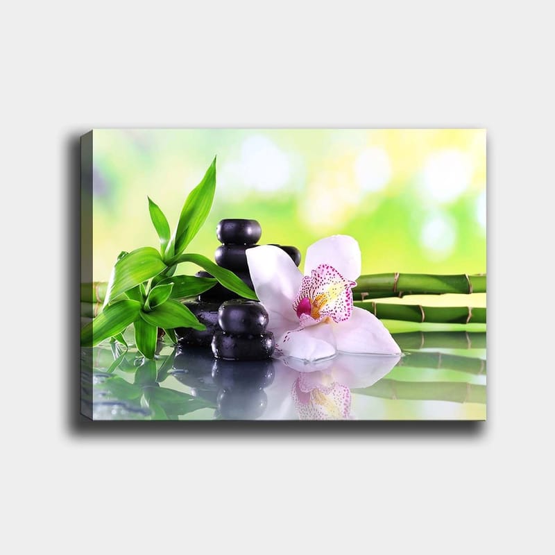 Lerretsbilde 70x100 cm - Harmonisk komposisjon med svarte steiner, en hvit orkide og grønne bambusskudd, Svart / Grønn / Hvit