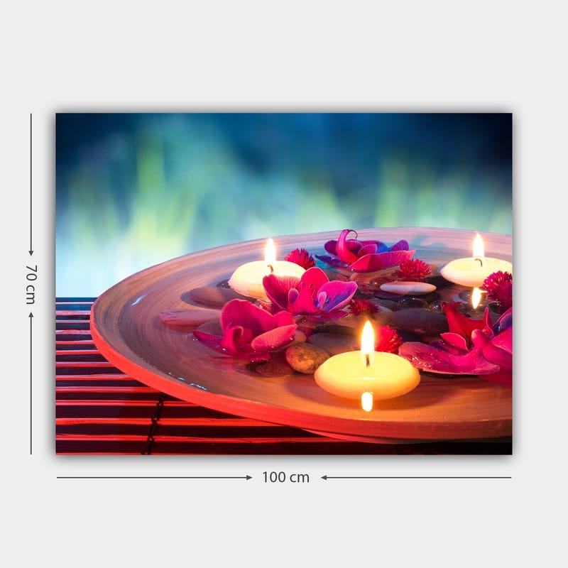 Lerretsbilde 70x100 cm - Harmonisk skål med flytende blomster og lys som skaper en fredelig atmosfære - Rosa / Hvit / Brun - Innredning - Bilder & kunst - Lerretsbilder