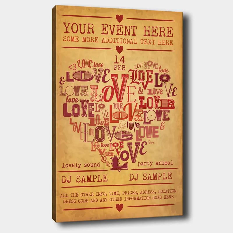 Lerretsbilde 70x100 cm - Hjerteformet komposisjon av ord som uttrykker kjærlighet og romantikk, Rød / Mørk rød / Beige