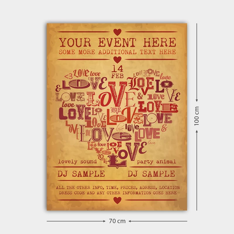 Lerretsbilde 70x100 cm - Hjerteformet komposisjon av ord som uttrykker kjærlighet og romantikk - Rød / Mørk rød / Beige - Innredning - Bilder & kunst - Lerretsbilder