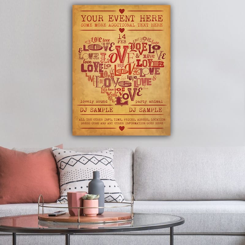 Lerretsbilde 70x100 cm - Hjerteformet komposisjon av ord som uttrykker kjærlighet og romantikk - Rød / Mørk rød / Beige - Innredning - Bilder & kunst - Lerretsbilder