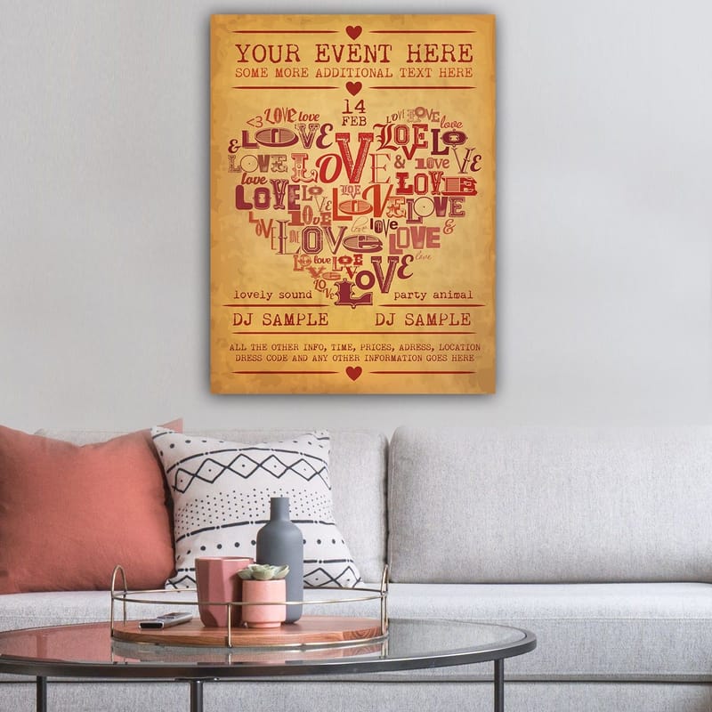 Lerretsbilde 70x100 cm - Hjerteformet komposisjon av ord som uttrykker kjærlighet og romantikk - Rød / Mørk rød / Beige - Innredning - Bilder & kunst - Lerretsbilder