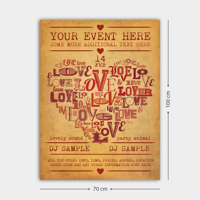 Lerretsbilde 70x100 cm - Hjerteformet komposisjon av ord som uttrykker kjærlighet og romantikk - Rød / Mørk rød / Beige - Innredning - Bilder & kunst - Lerretsbilder