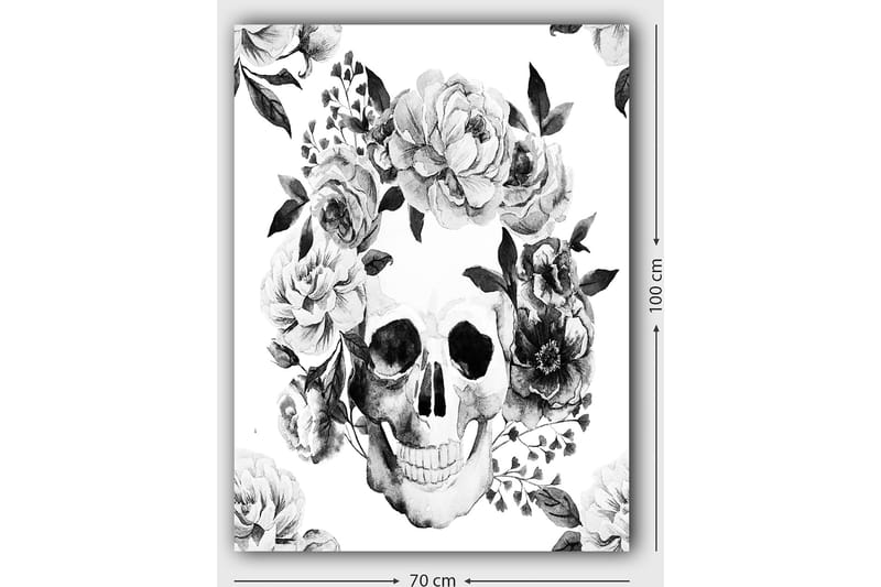 Lerretsbilde 70x100 cm - Hodeskalle omgitt av vakre blomster i svart-hvitt - Svart / Hvit / Grå - Innredning - Bilder & kunst - Lerretsbilder
