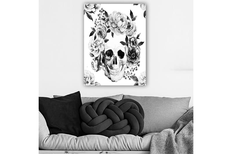 Lerretsbilde 70x100 cm - Hodeskalle omgitt av vakre blomster i svart-hvitt - Svart / Hvit / Grå - Innredning - Bilder & kunst - Lerretsbilder