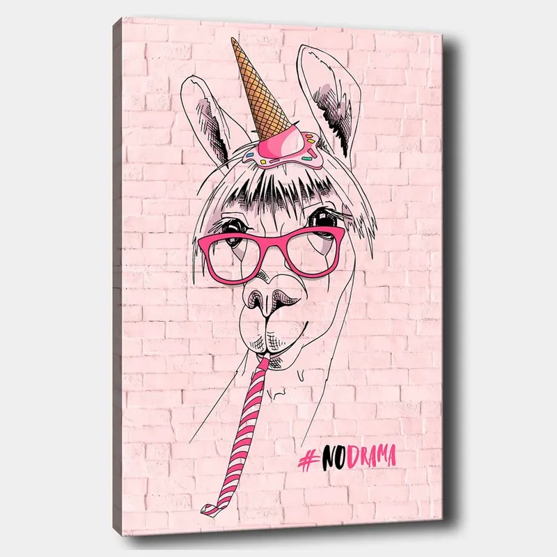 Lerretsbilde 70x100 cm - Humoristisk illustrasjon av en lama med briller og enhjørninghatt, Rosa / Svart / Hvit