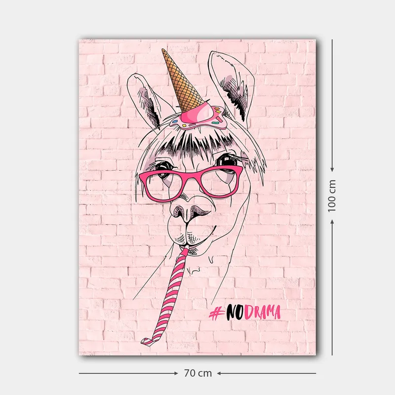 Lerretsbilde 70x100 cm - Humoristisk illustrasjon av en lama med briller og enhjørninghatt - Rosa / Svart / Hvit - Innredning - Bilder & kunst - Lerretsbilder