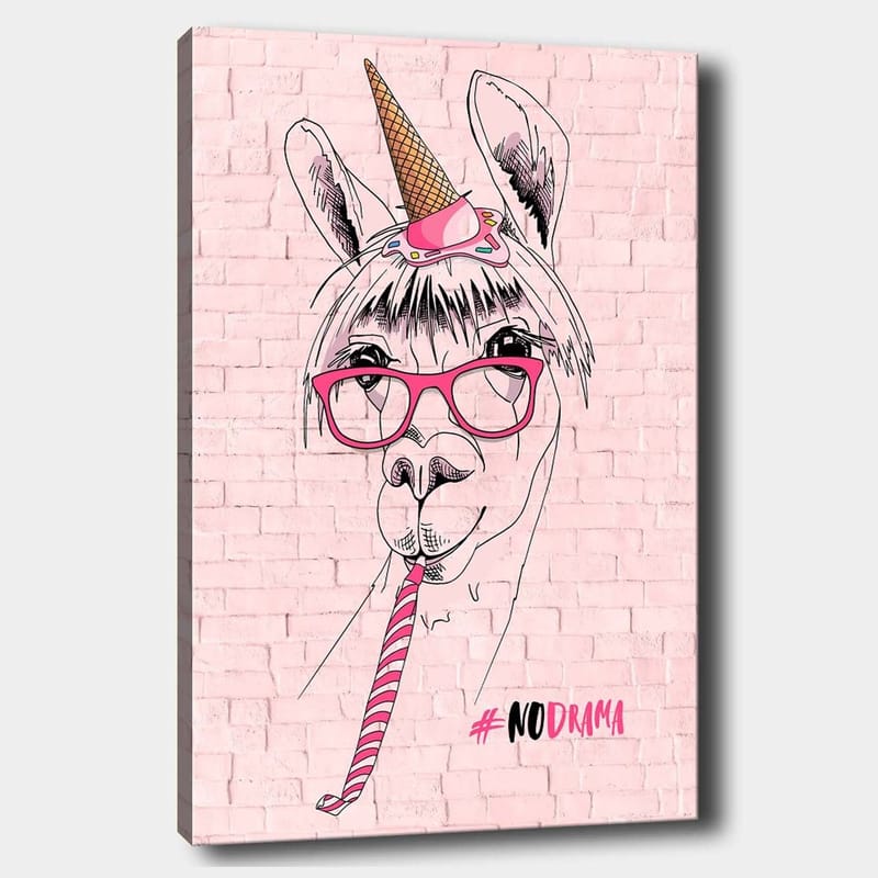Lerretsbilde 70x100 cm - Humoristisk illustrasjon av en lama med briller og enhjørninghatt, Rosa / Svart / Hvit
