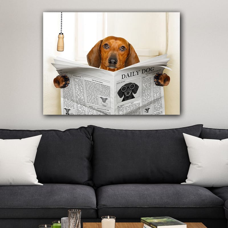 Lerretsbilde 70x100 cm - Hund som leser avisen Daily Dog med et nysgjerrig uttrykk - Brun / Svart - Innredning - Bilder & kunst - Lerretsbilder