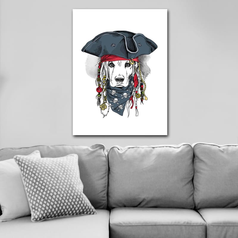 Lerretsbilde 70x100 cm - Hund utkledd som pirat med hatt og bandana - Svart / Rød / Blå - Innredning - Bilder & kunst - Lerretsbilder