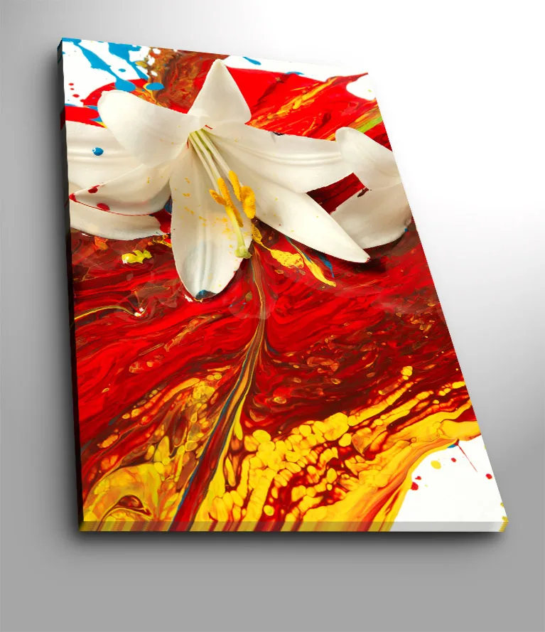 Lerretsbilde 70x100 cm - Hvit lilje som står frem mot en bakgrunn av intense røde og gule farger, Rød / Gul / Hvit
