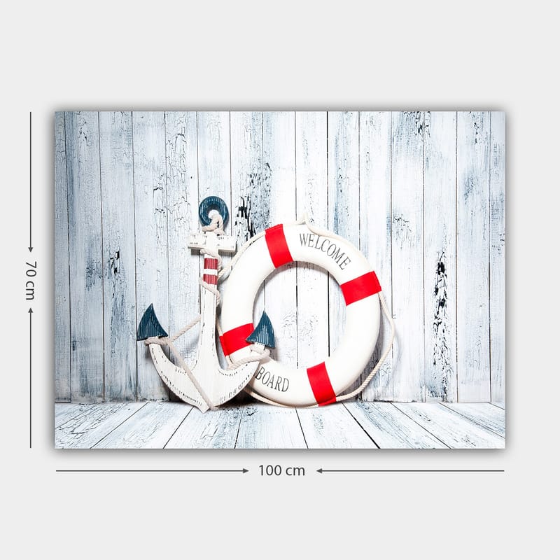 Lerretsbilde 70x100 cm - Hvit livbøye med røde detaljer og ankerformet dekorasjon i maritim stil - Hvit / Rød / Blå - Innredning - Bilder & kunst - Lerretsbilder