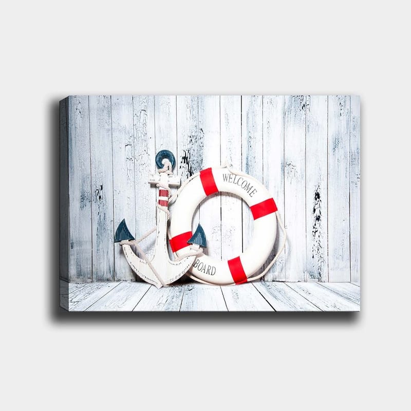 Lerretsbilde 70x100 cm - Hvit livbøye med røde detaljer og ankerformet dekorasjon i maritim stil, Hvit / Rød / Blå