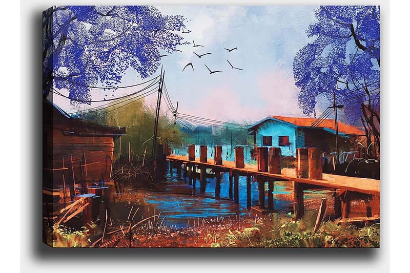 Lerretsbilde 70x100 cm - Idyllisk landskapsmaleri med en brygge som strekker seg over en rolig vannflate, omgitt av fargerike hus og trær i lilla nyanser - Lilla / Blå / Brun - Innredning - Bilder & kunst - Lerretsbilder
