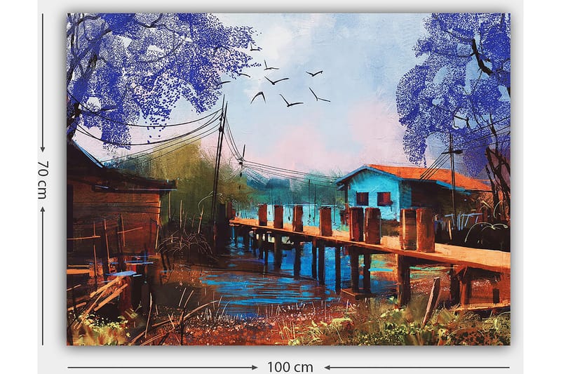 Lerretsbilde 70x100 cm - Idyllisk landskapsmaleri med en brygge som strekker seg over en rolig vannflate, omgitt av fargerike hus og trær i lilla nyanser - Lilla / Blå / Brun - Innredning - Bilder & kunst - Lerretsbilder