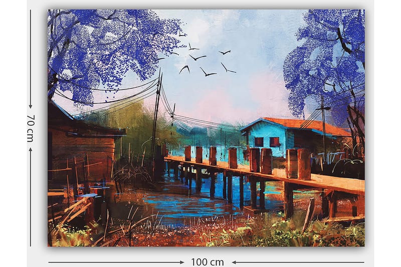 Lerretsbilde 70x100 cm - Idyllisk landskapsmaleri med en brygge som strekker seg over en rolig vannflate, omgitt av fargerike hus og trær i lilla nyanser - Lilla / Blå / Brun - Innredning - Bilder & kunst - Lerretsbilder