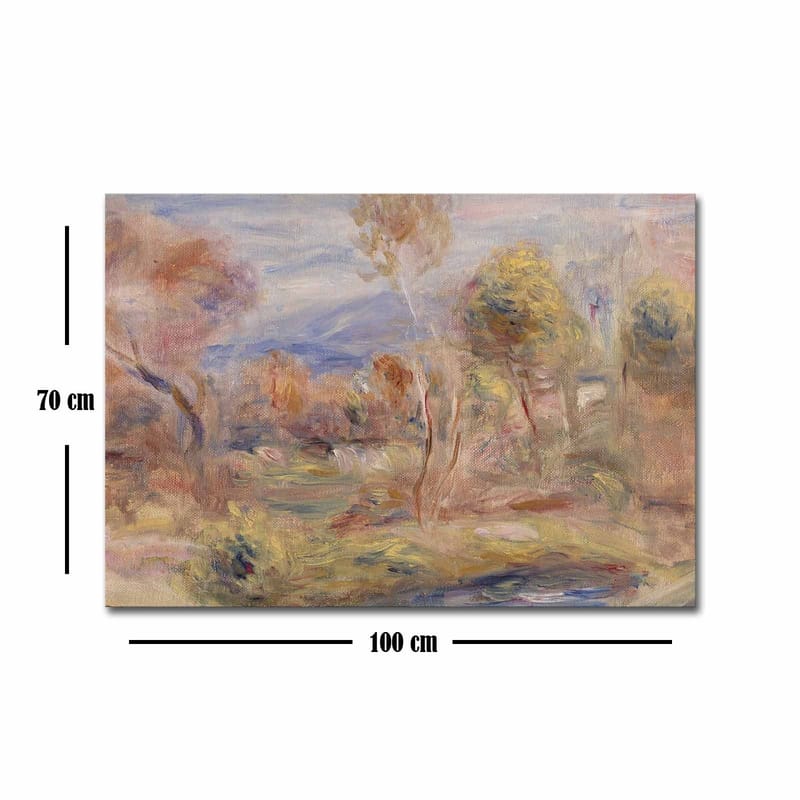 Lerretsbilde 70x100 cm - Idyllisk landskapsmaleri med trær og en speilblank innsjø i forgrunnen - Lys grønn / Beige / Lys blå - Innredning - Bilder & kunst - Lerretsbilder