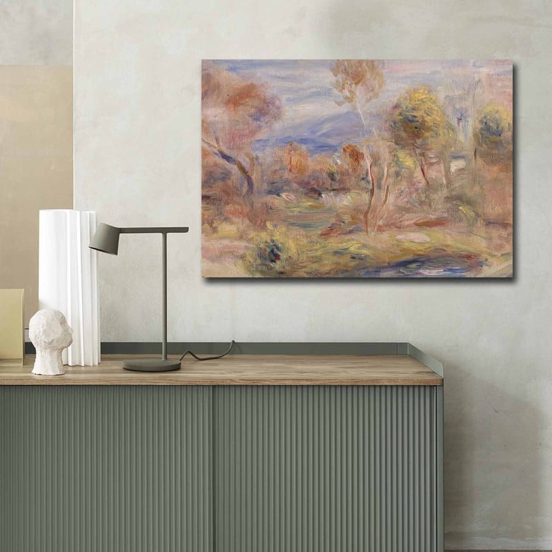 Lerretsbilde 70x100 cm - Idyllisk landskapsmaleri med trær og en speilblank innsjø i forgrunnen - Lys grønn / Beige / Lys blå - Innredning - Bilder & kunst - Lerretsbilder