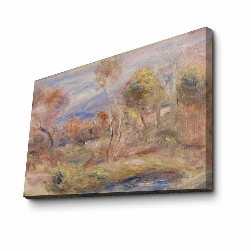 Lerretsbilde 70x100 cm - Idyllisk landskapsmaleri med trær og en speilblank innsjø i forgrunnen - Lys grønn / Beige / Lys blå - Innredning - Bilder & kunst - Lerretsbilder