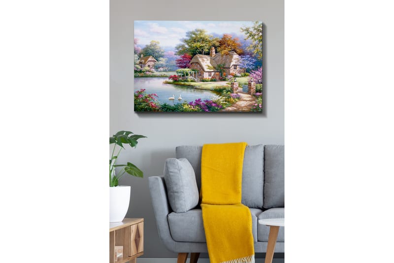 Lerretsbilde 70x100 cm - Idyllisk landskapsmaleri med pittoreske hytter ved en innsjø omgitt av blomstrende trær og busker - Grønn / Rosa / Blå - Innredning - Bilder & kunst - Lerretsbilder