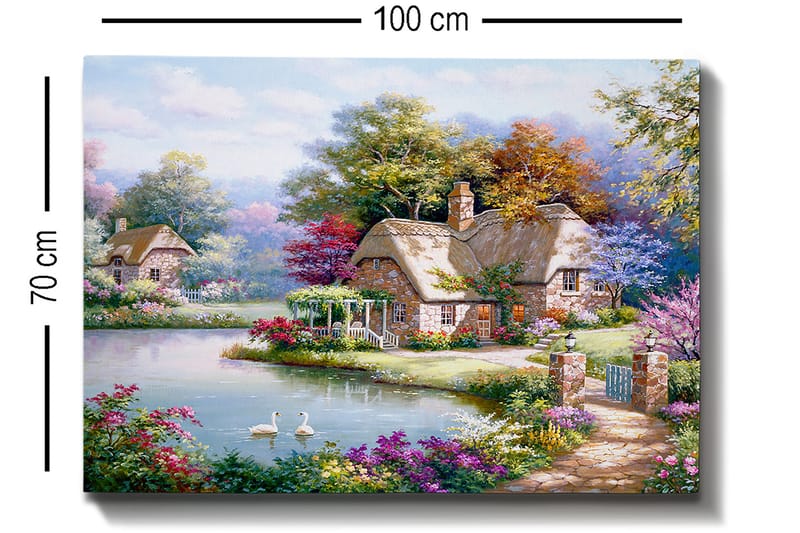 Lerretsbilde 70x100 cm - Idyllisk landskapsmaleri med pittoreske hytter ved en innsjø omgitt av blomstrende trær og busker - Grønn / Rosa / Blå - Innredning - Bilder & kunst - Lerretsbilder