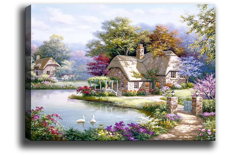 Lerretsbilde 70x100 cm - Idyllisk landskapsmaleri med pittoreske hytter ved en innsjø omgitt av blomstrende trær og busker - Grønn / Rosa / Blå - Innredning - Bilder & kunst - Lerretsbilder